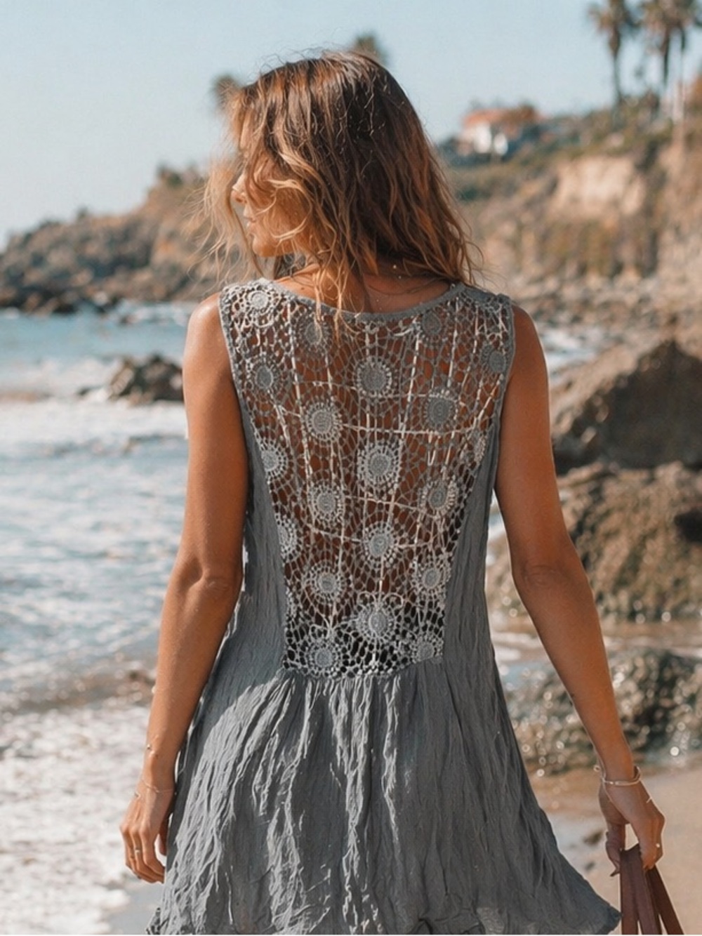 Boho Grey Crochet Back Cover Up Dress One Size Fits Up to XL Beach Swim Cover Up